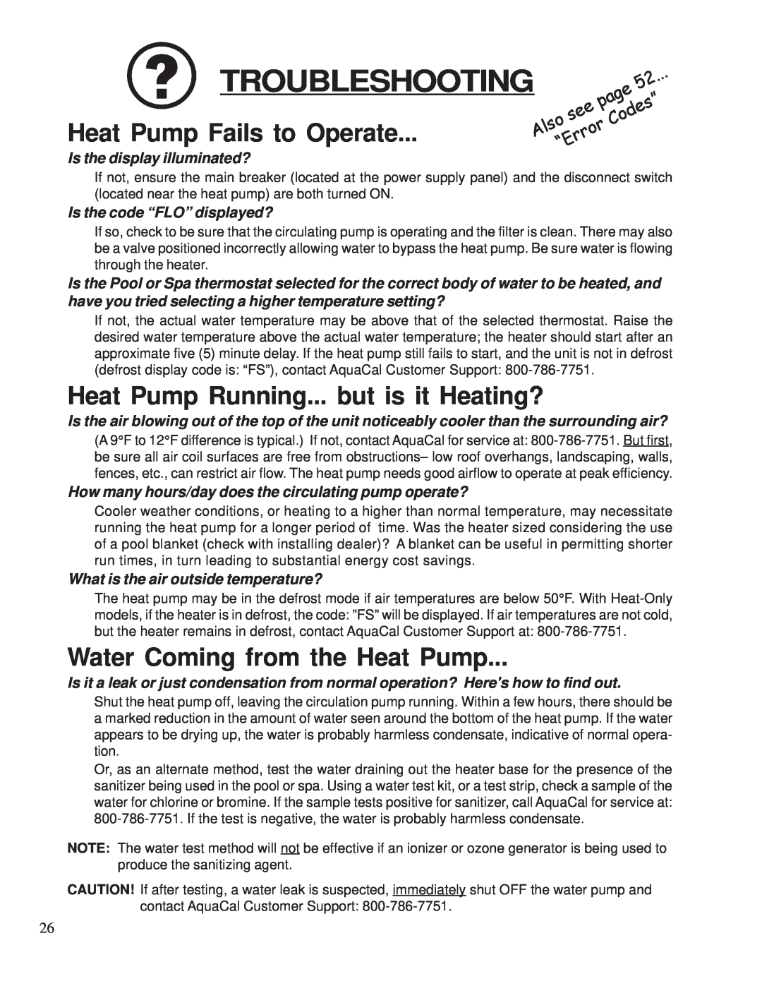 Aquacal 155 Troubleshooting, Heat Pump Fails to Operate, Heat Pump Running... but is it Heating?, page, see Codes”, Also 