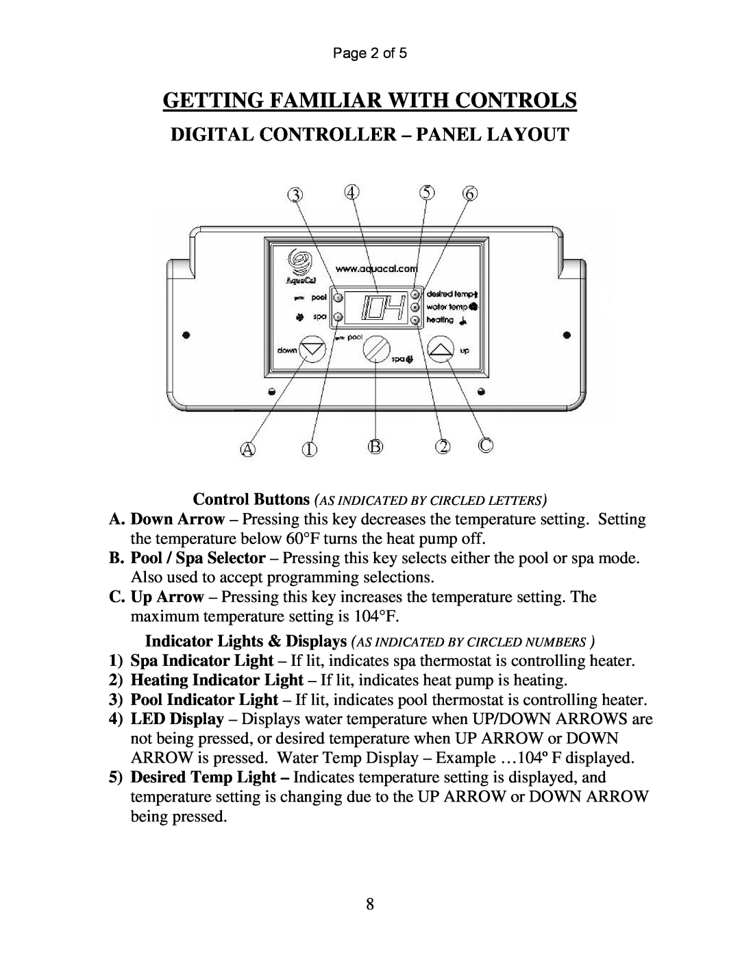 Aquacal 155, 120 owner manual Getting Familiar With Controls, Digital Controller – Panel Layout 