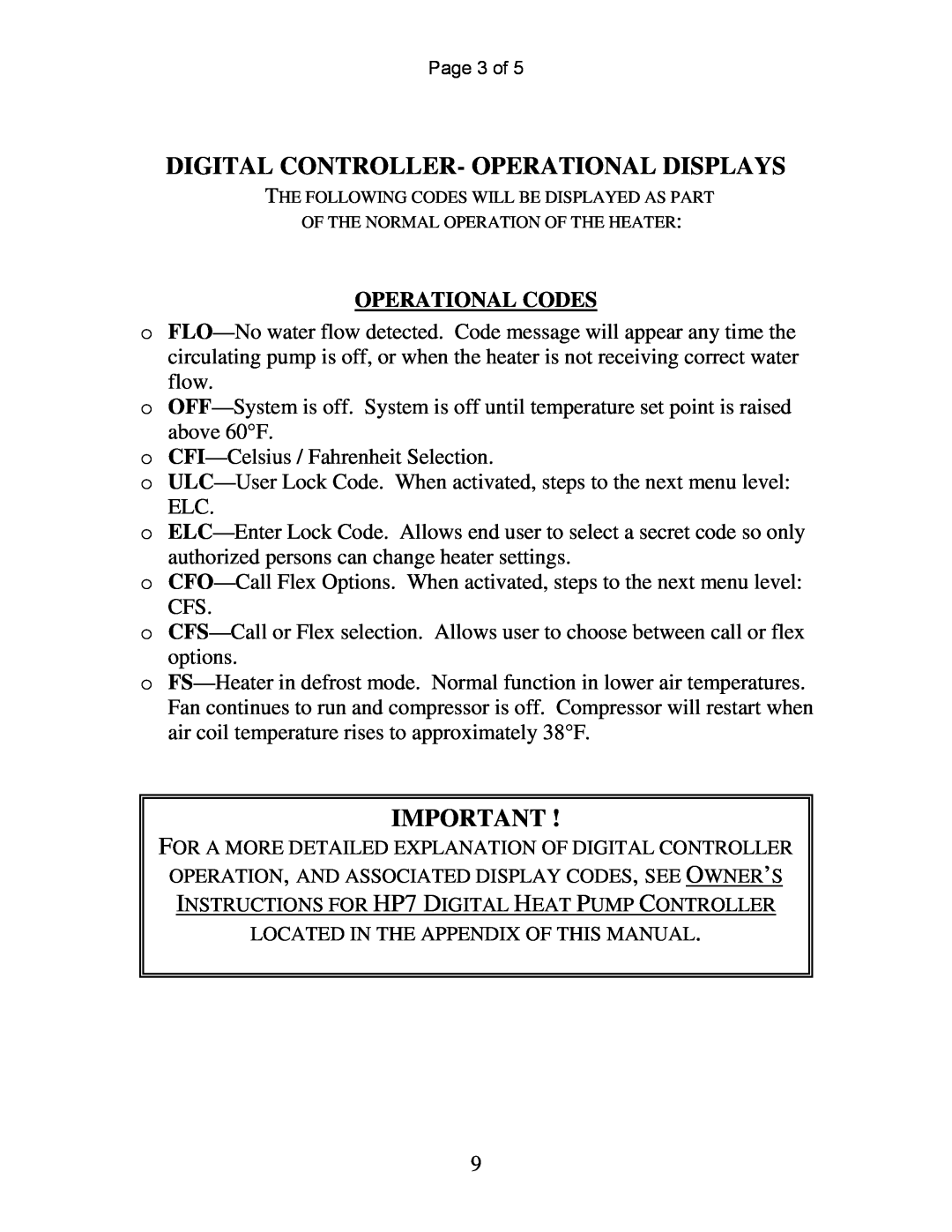 Aquacal 120, 155 owner manual Digital Controller- Operational Displays, Operational Codes 