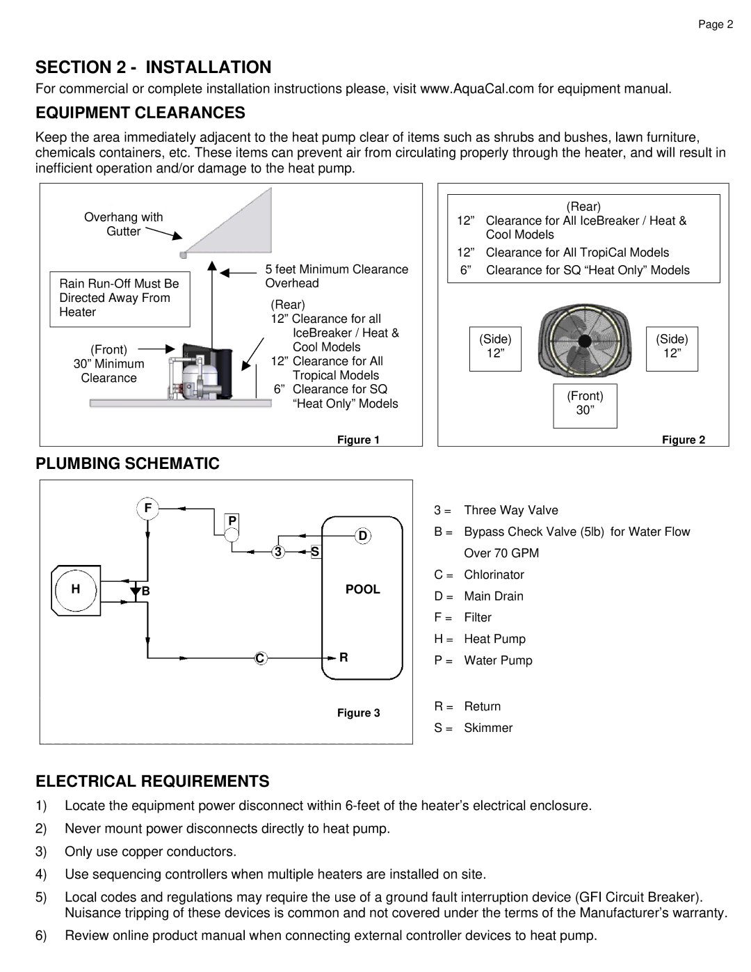 Aquacal 55, 35, 175 quick start Installation, Equipment Clearances, Plumbing Schematic, Electrical Requirements 