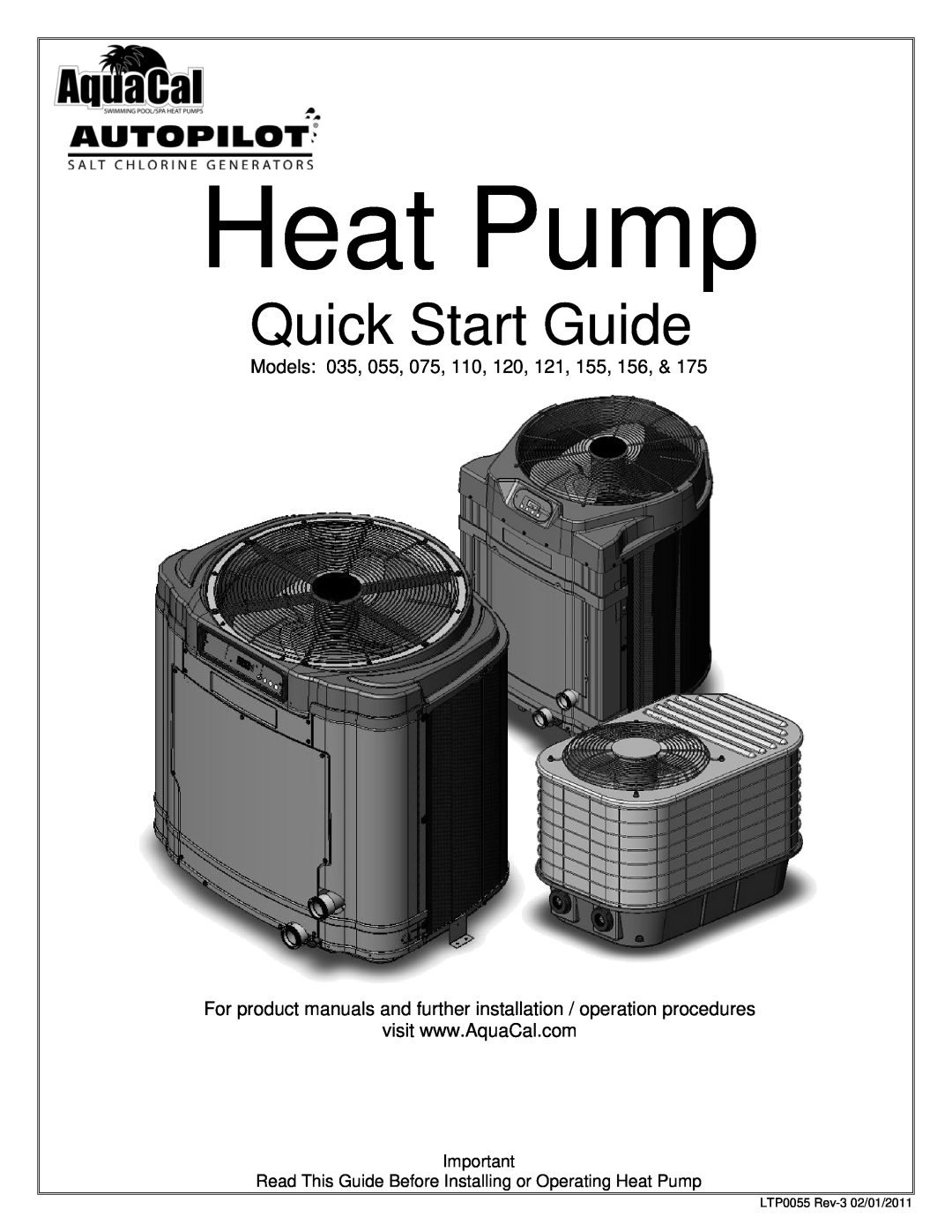 Aquacal 35, 175, 55 quick start Heat Pump, Quick Start Guide 