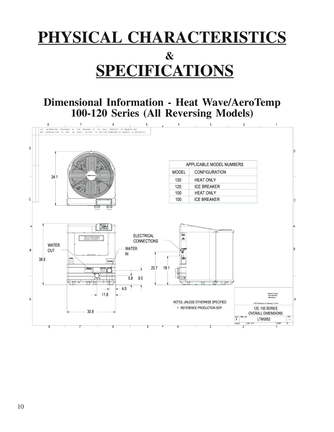 Aquacal H/AT100R, H/AT120R owner manual Physical Characteristics Specifications 