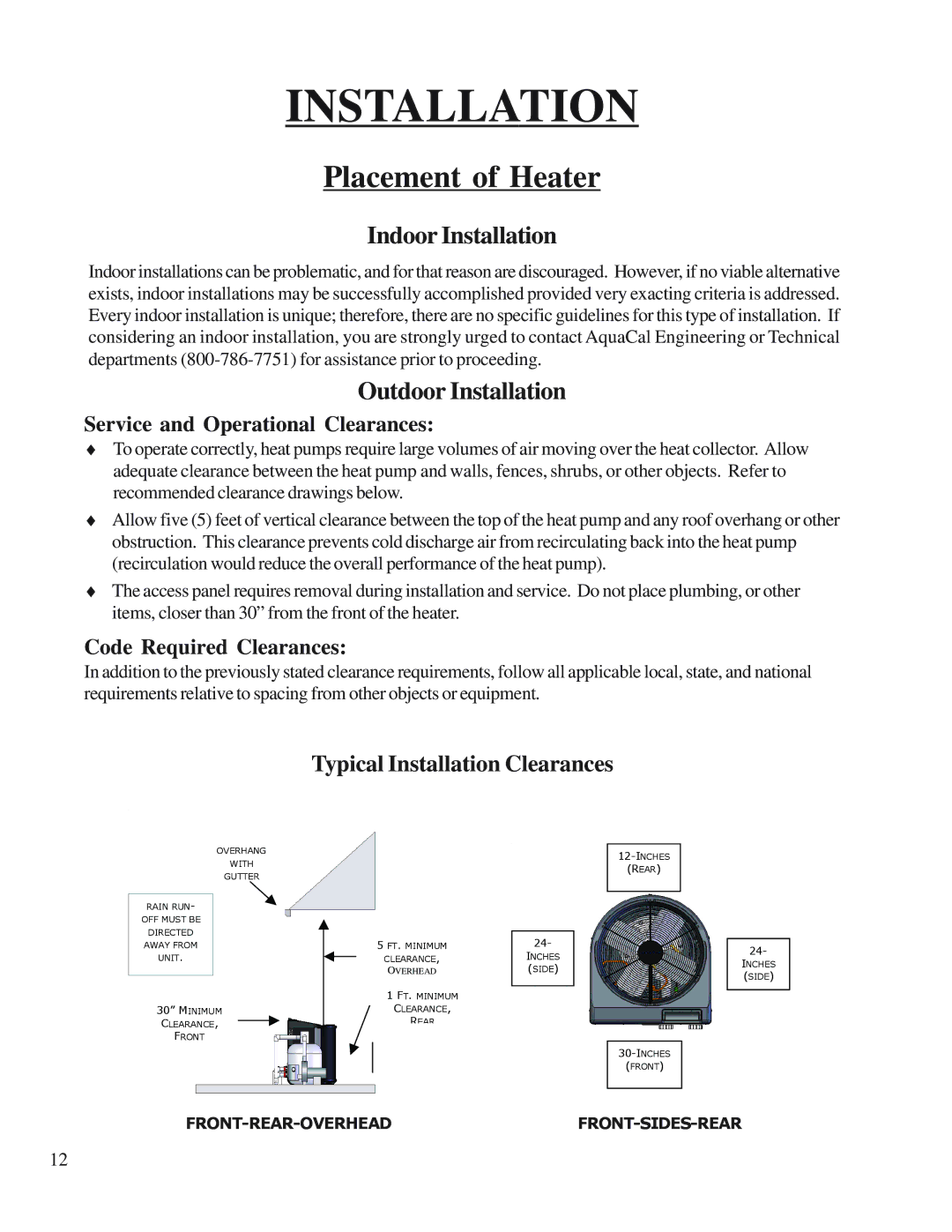 Aquacal H/AT100R Placement of Heater, Indoor Installation, Outdoor Installation, Typical Installation Clearances 