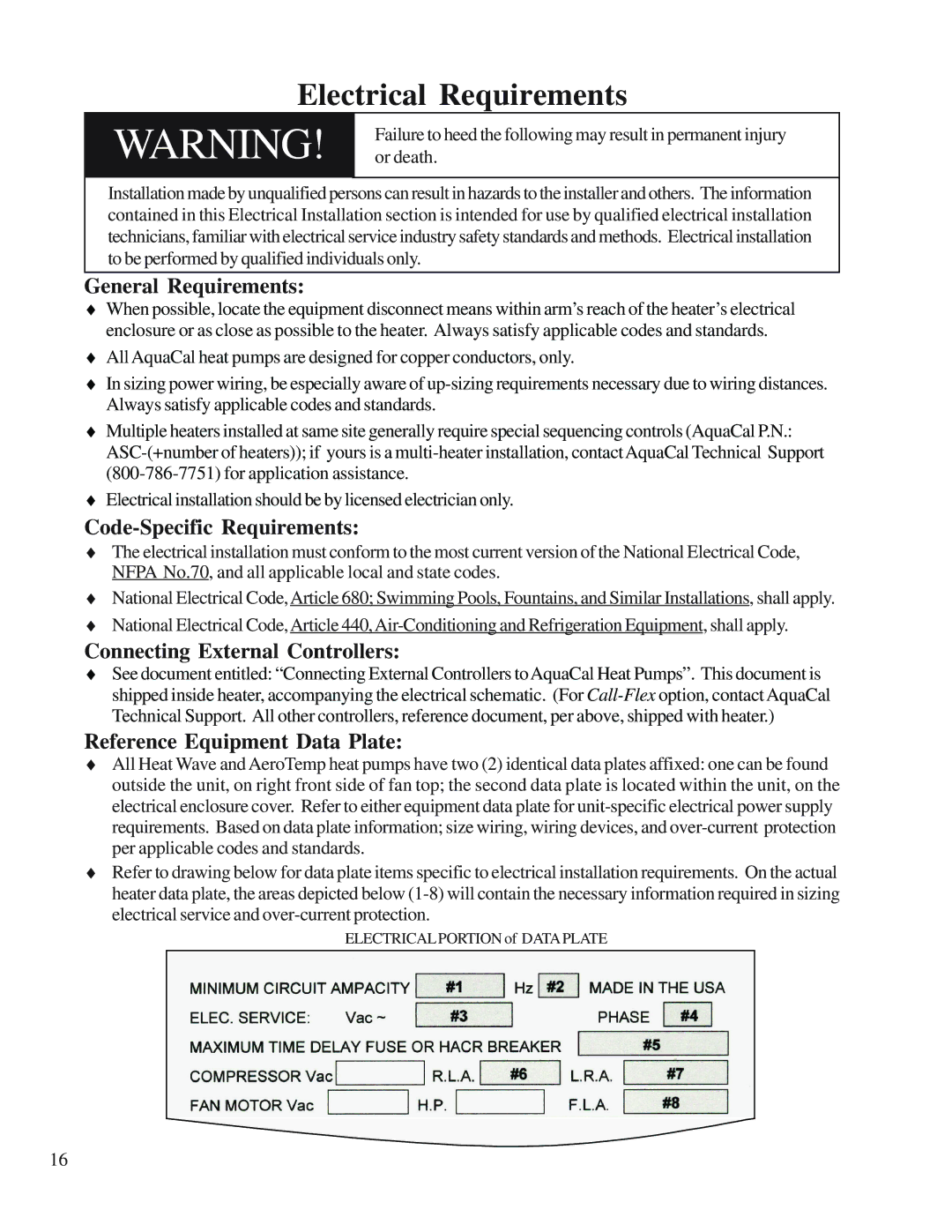 Aquacal H/AT100R Electrical Requirements, General Requirements, Code-Specific Requirements, Reference Equipment Data Plate 