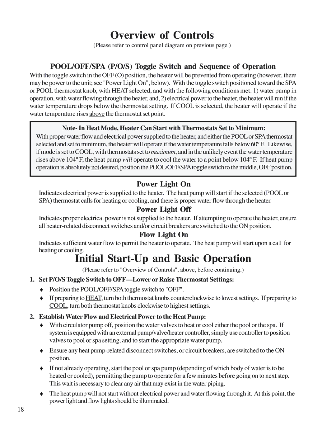 Aquacal H/AT100R, H/AT120R owner manual Overview of Controls, Initial Start-Up and Basic Operation 