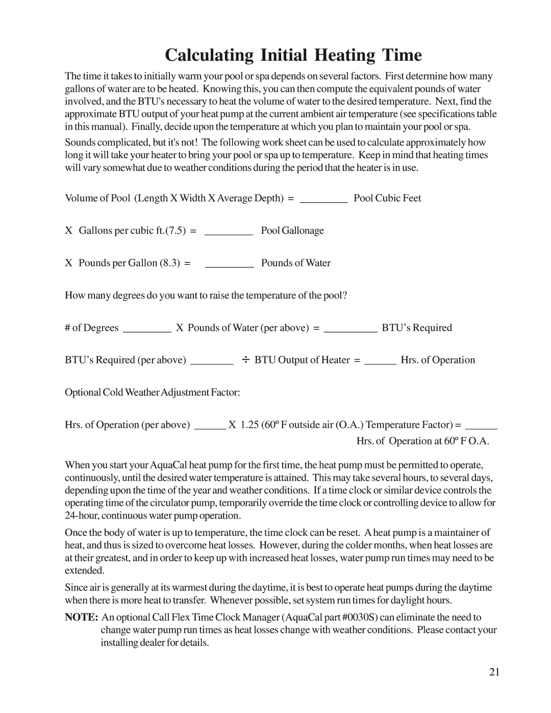 Aquacal H/AT120R, H/AT100R owner manual Calculating Initial Heating Time 