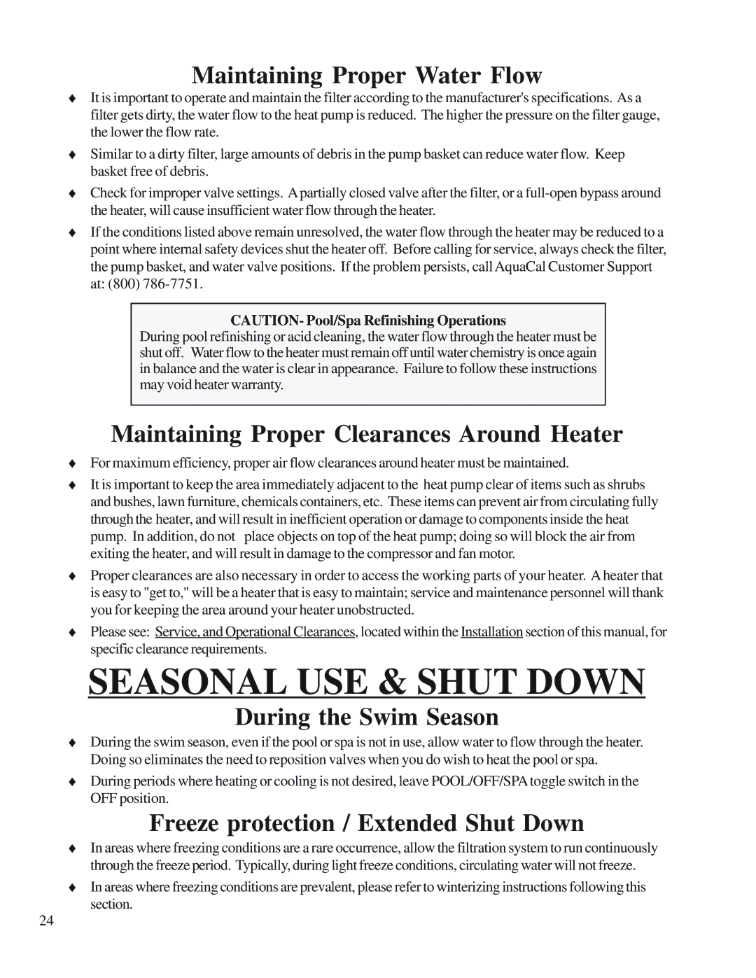 Aquacal H/AT100R Seasonal USE & Shut Down, Maintaining Proper Water Flow, Maintaining Proper Clearances Around Heater 