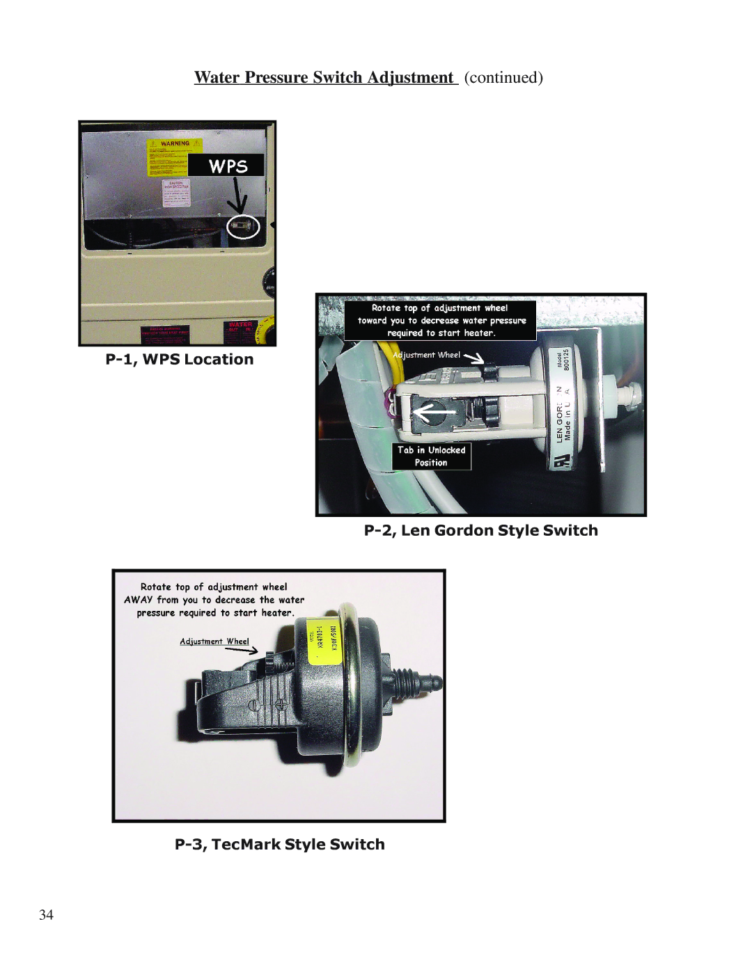 Aquacal H/AT100R, H/AT120R owner manual Water Pressure Switch Adjustment 