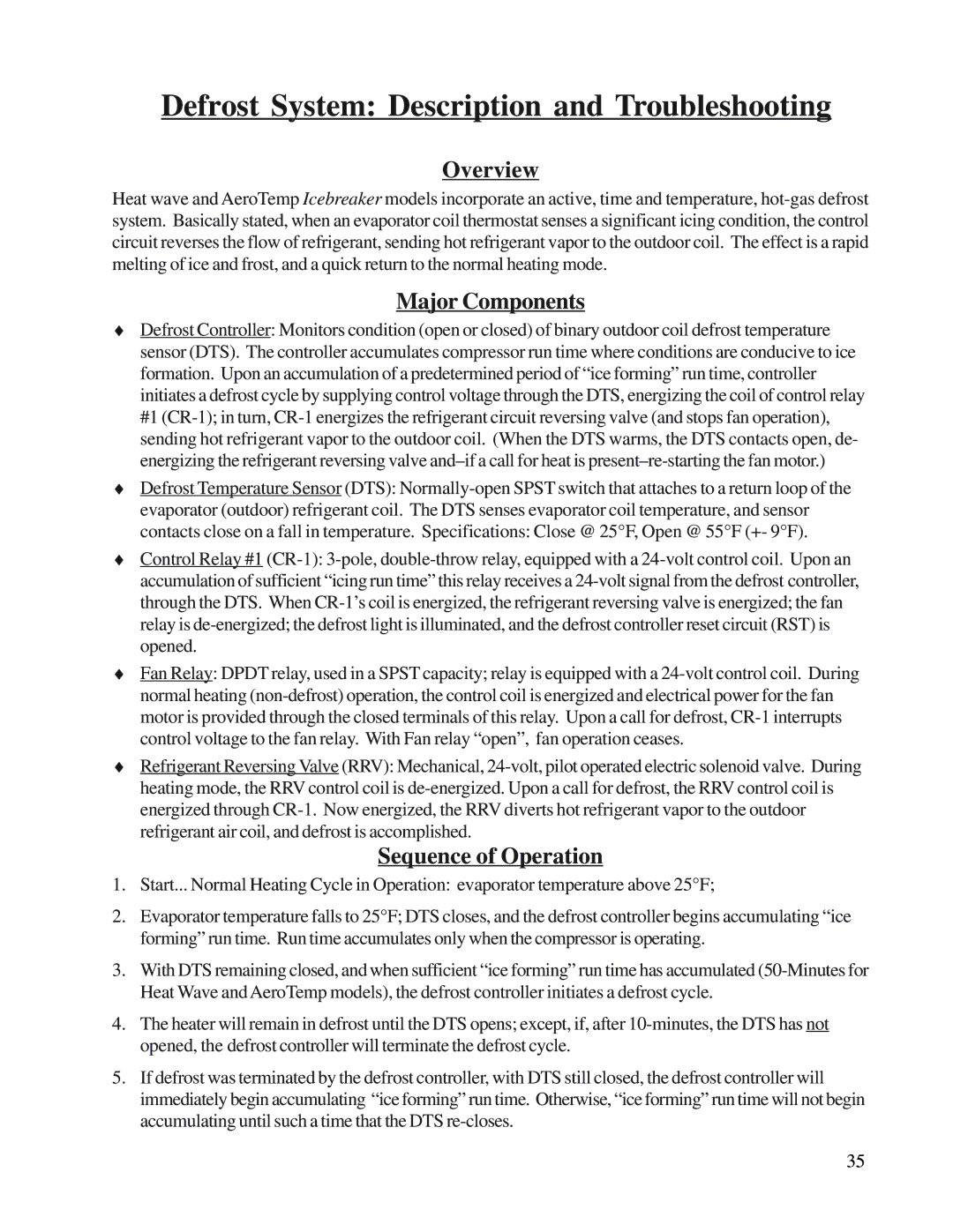 Aquacal H/AT120R Defrost System Description and Troubleshooting, Overview, Major Components, Sequence of Operation 