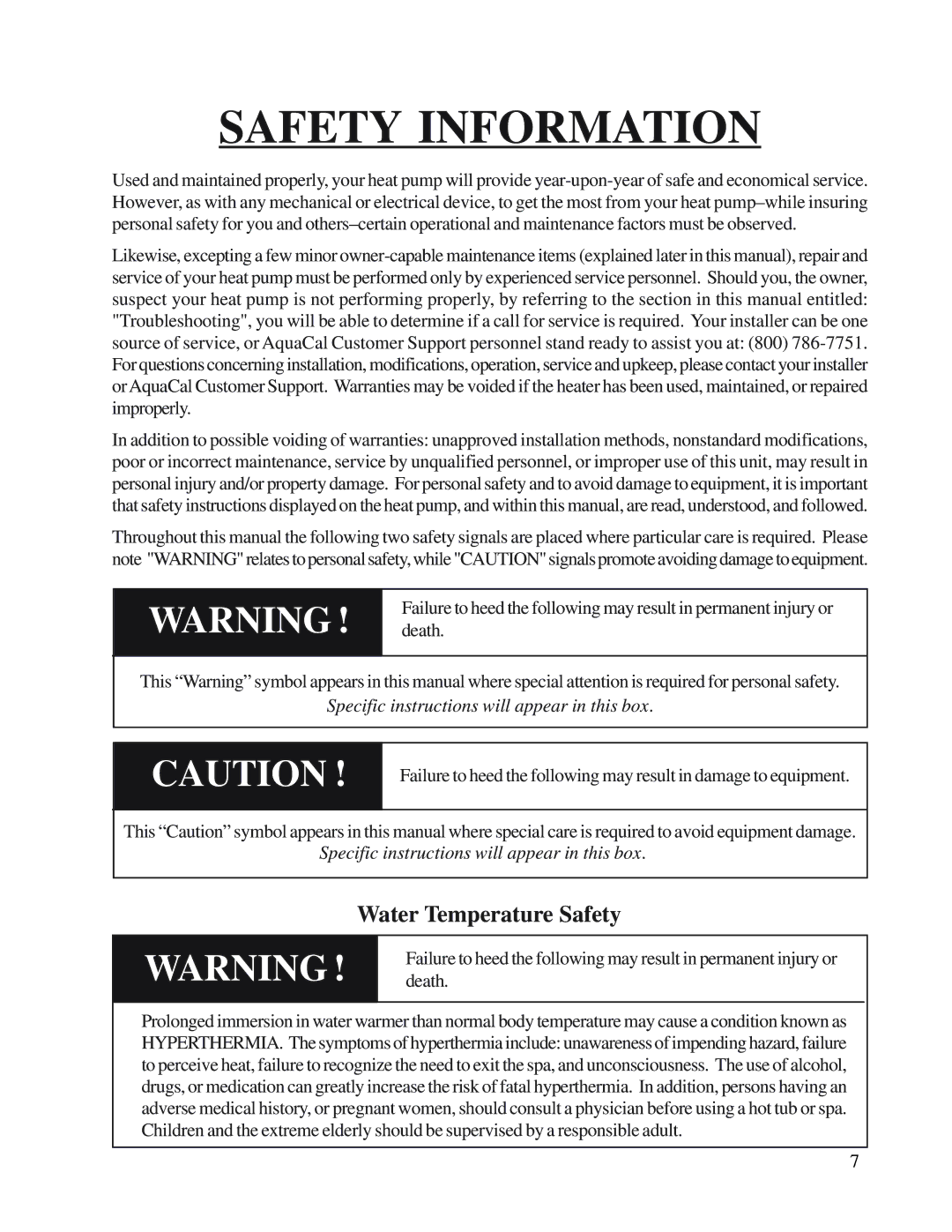 Aquacal H/AT120R, H/AT100R owner manual Safety Information, Water Temperature Safety 