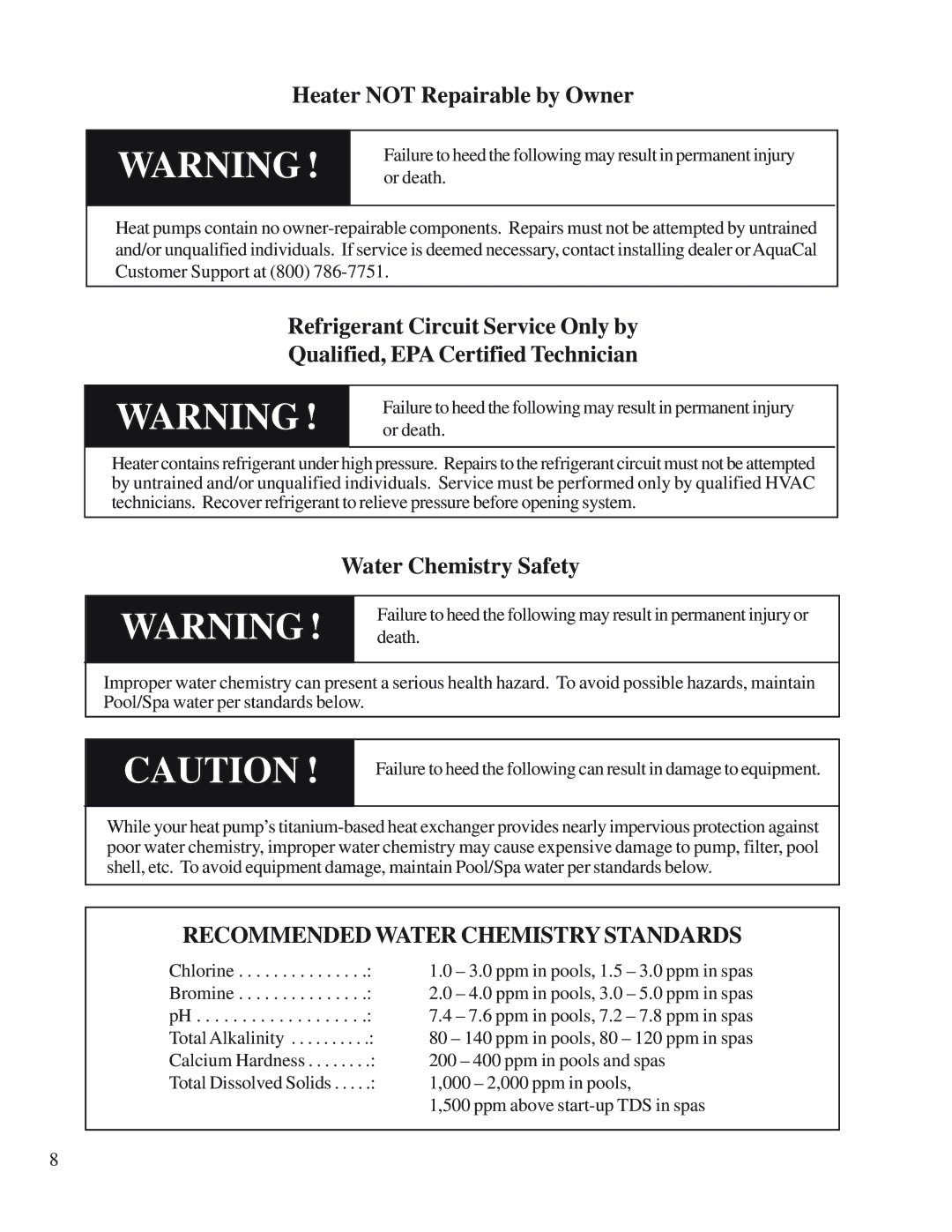 Aquacal H/AT100R, H/AT120R owner manual Heater not Repairable by Owner, Water Chemistry Safety 
