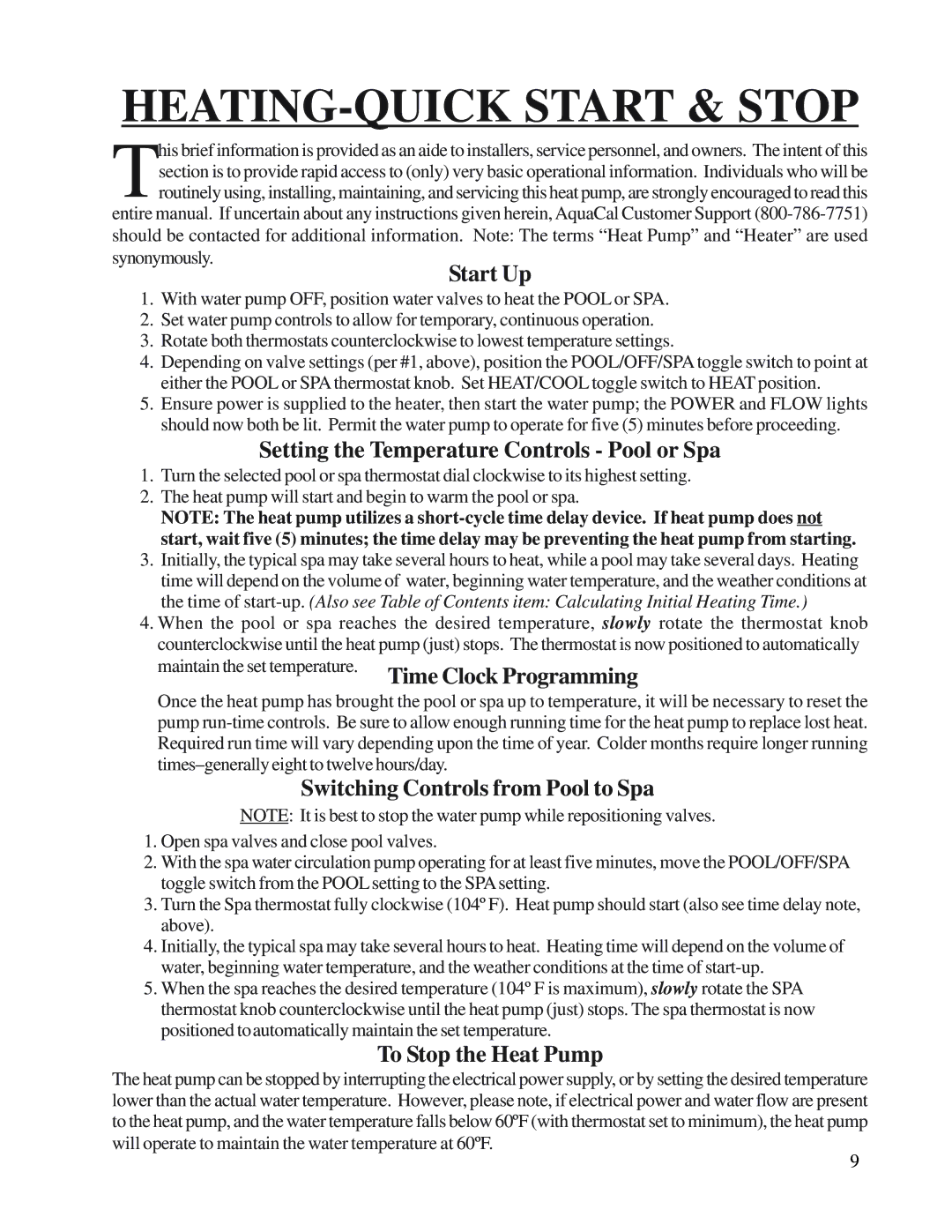 Aquacal H/AT120R HEATING-QUICK Start & Stop, Start Up, Setting the Temperature Controls Pool or Spa, To Stop the Heat Pump 