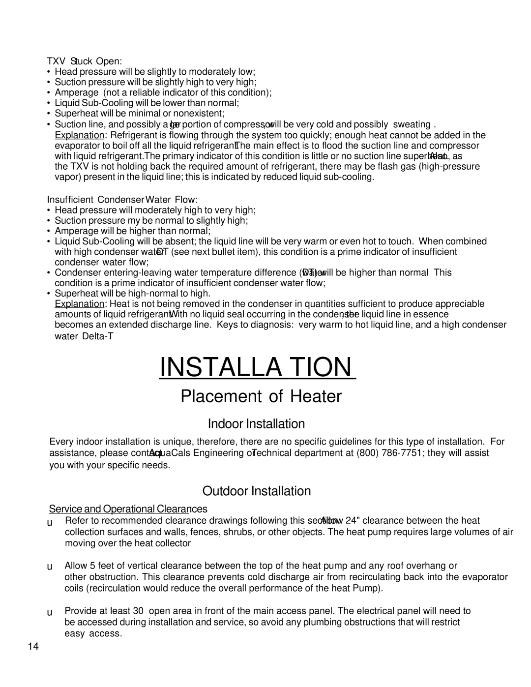 Aquacal T135, T65, T115 owner manual Placement of Heater, Indoor Installation, Outdoor Installation 