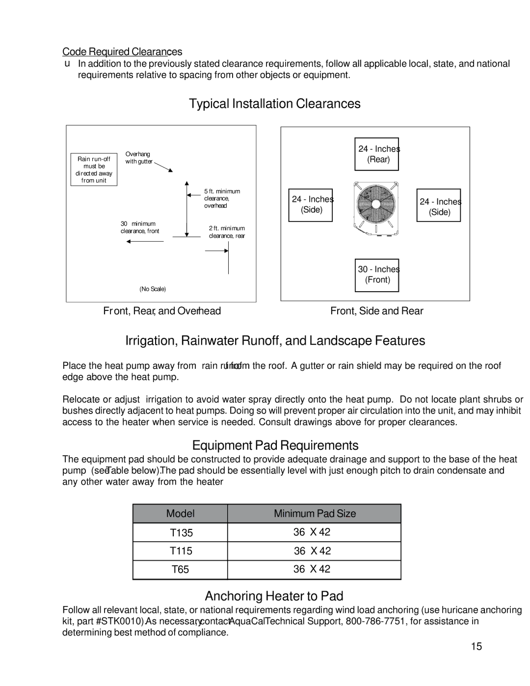 Aquacal T65 Typical Installation Clearances, Irrigation, Rainwater Runoff, and Landscape Features, Anchoring Heater to Pad 