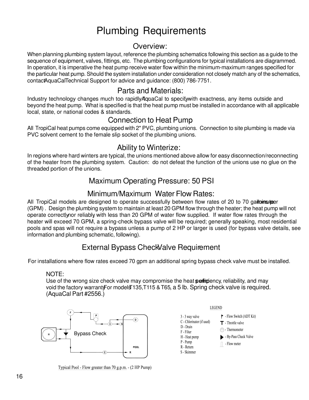 Aquacal T115, T65, T135 owner manual Plumbing Requirements 