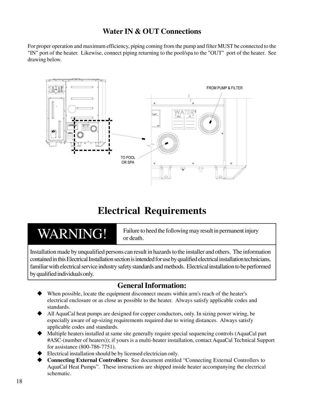 Aquacal T65, T115, T135 owner manual Electrical Requirements, Water in & OUT Connections, General Information 