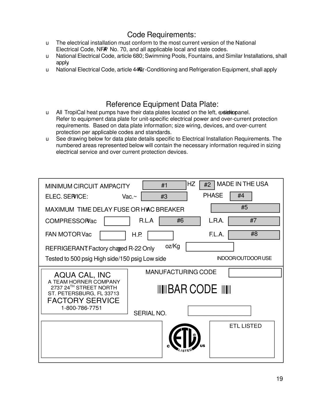 Aquacal T115, T65, T135 owner manual Code Requirements, Reference Equipment Data Plate 