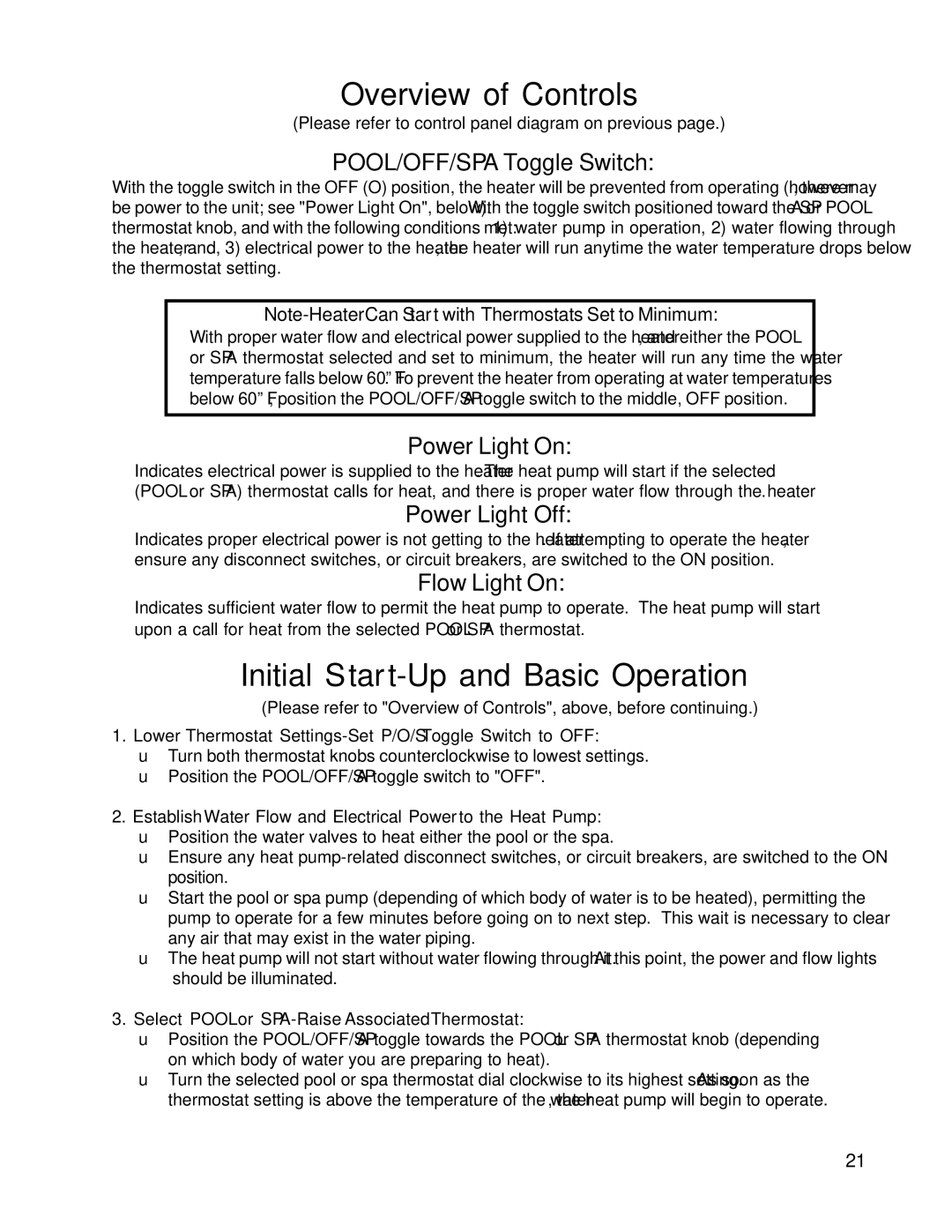 Aquacal T65, T115, T135 owner manual Overview of Controls, Initial Start-Up and Basic Operation 