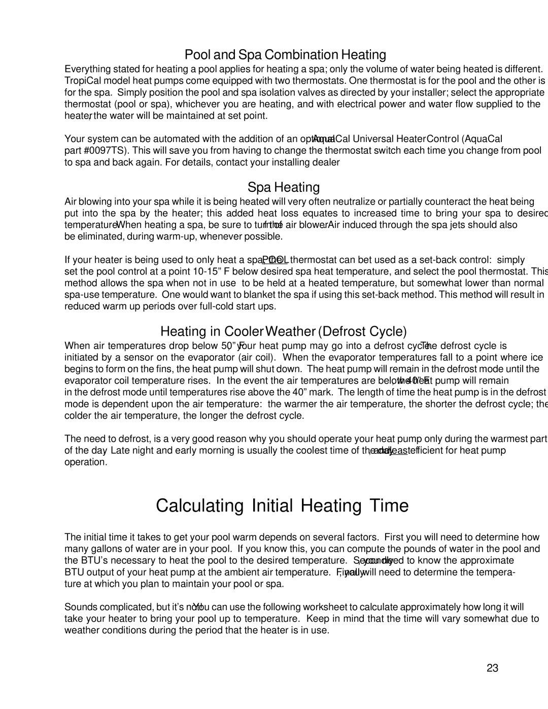 Aquacal T135, T65, T115 owner manual Calculating Initial Heating Time, Pool and Spa Combination Heating, Spa Heating 