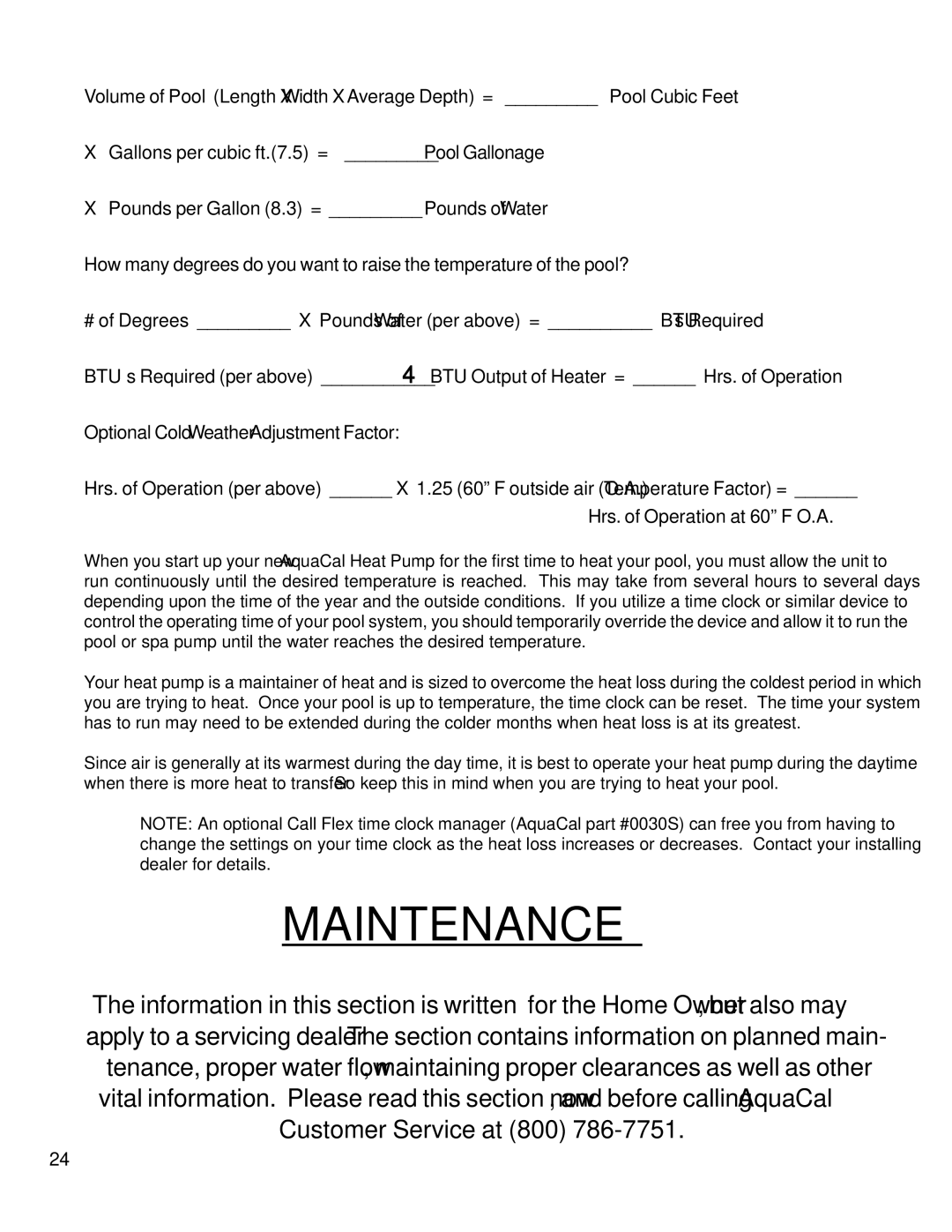 Aquacal T65, T115, T135 owner manual Maintenance 