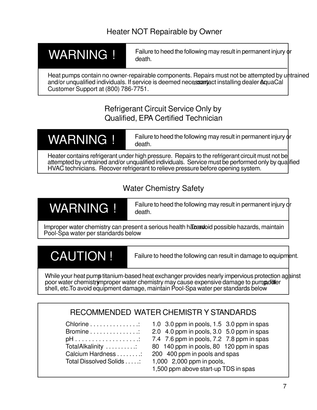 Aquacal T115, T65, T135 owner manual Heater not Repairable by Owner, Water Chemistry Safety 