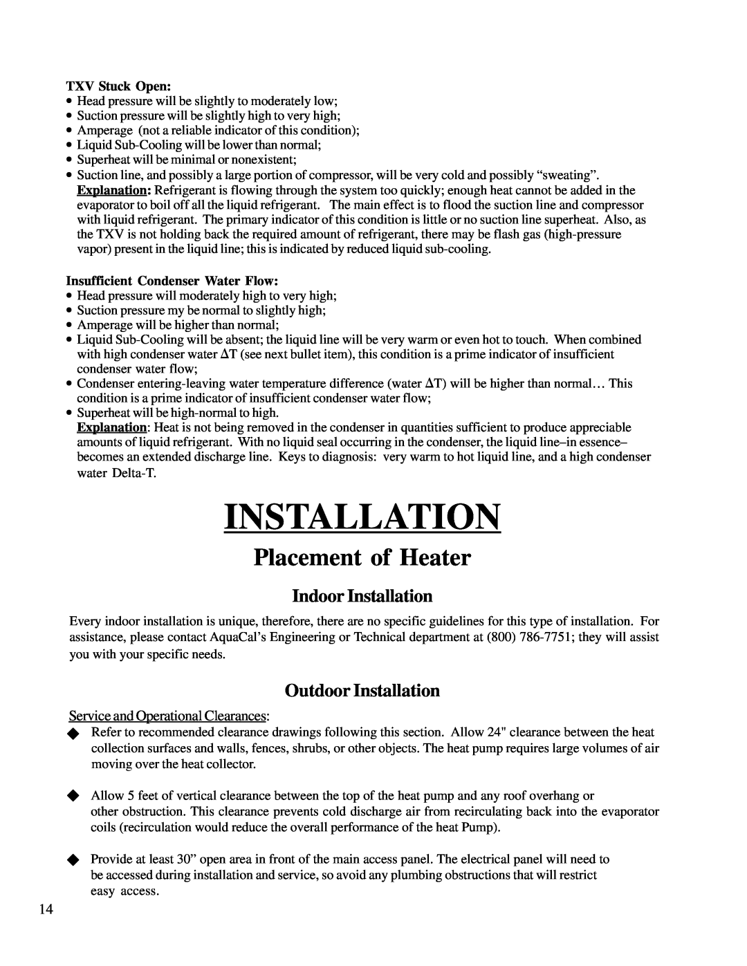 Aquacal T135, T65, T115 owner manual Placement of Heater, Indoor Installation, Outdoor Installation 