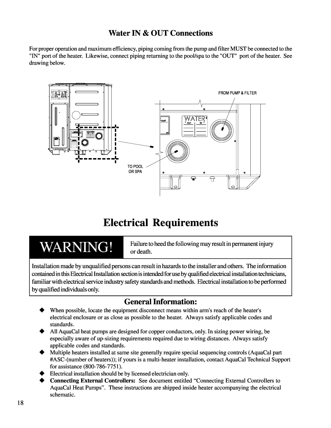 Aquacal T65, T115, T135 owner manual Electrical Requirements, Water IN & OUT Connections, General Information 