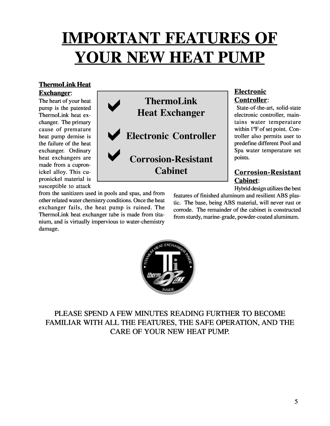 Aquacal T135, T65, T115 owner manual Important Features Of Your New Heat Pump 