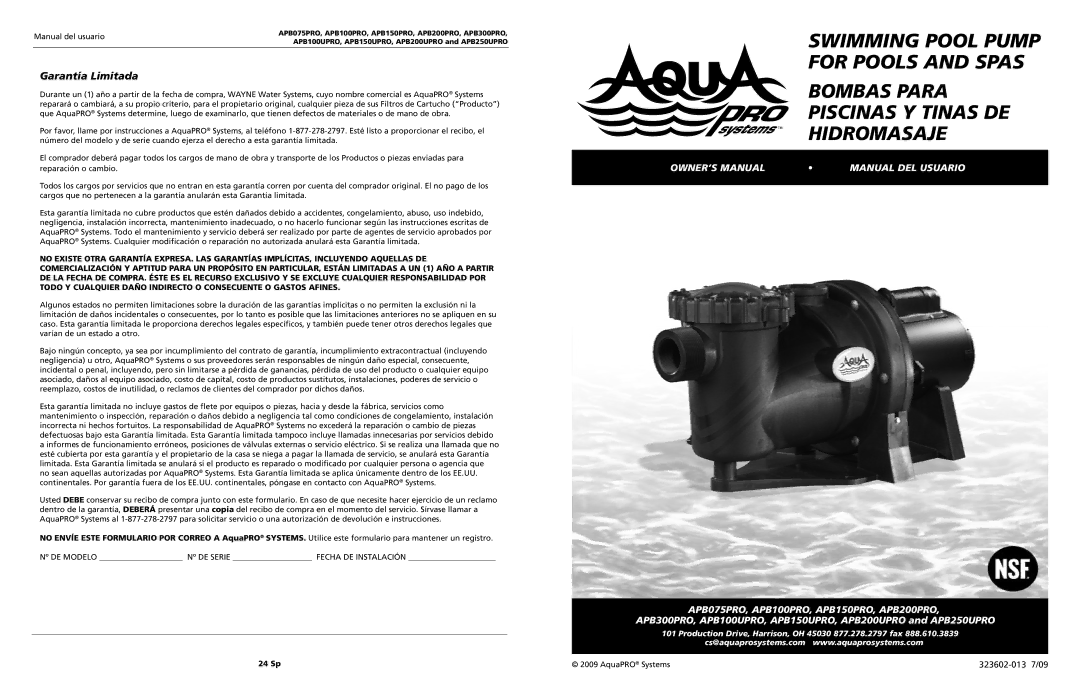 AquaPRO APB150PRO owner manual Manual del usuario, Nº DE Modelo Nº DE Serie Fecha DE Instalación, 24 Sp, AquaPRO Systems 