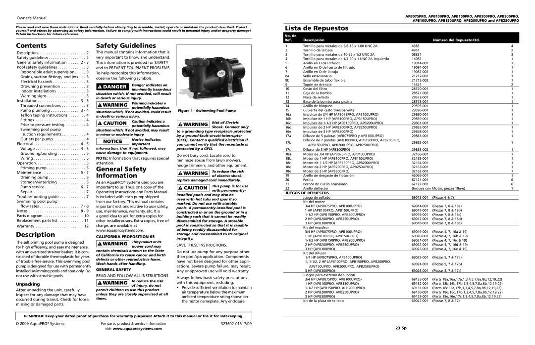 AquaPRO APB300PRO, APB250UPRO Lista de Repuestos, Contents, Description, Safety Guidelines, General Safety Information 