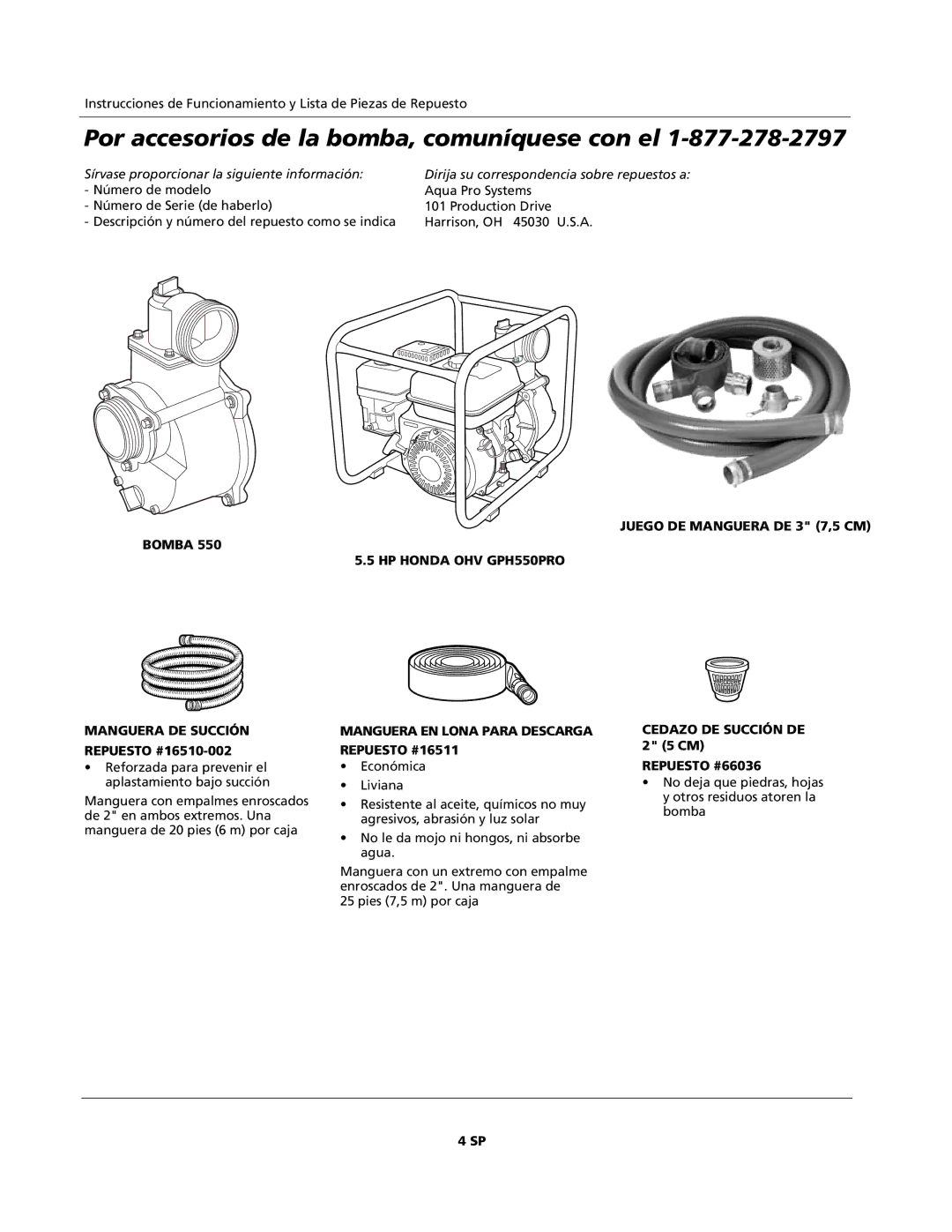 AquaPRO GPH550PRO operating instructions Bomba Manguera DE Succión, Repuesto #16510-002 