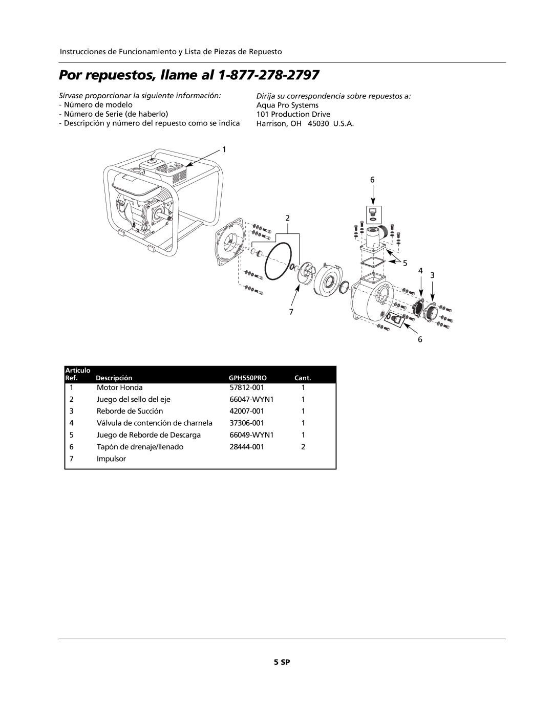 AquaPRO GPH550PRO operating instructions Por repuestos, llame al 