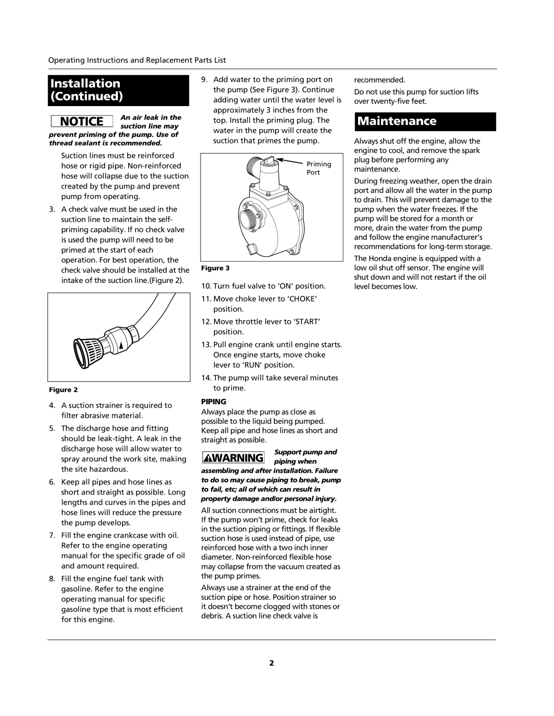 AquaPRO GPH550PRO operating instructions Maintenance, Piping 