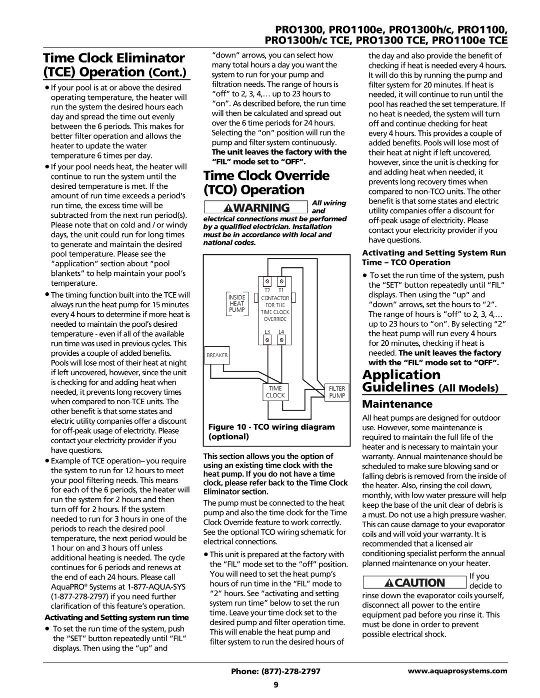 AquaPRO PRO1300 Time Clock Override TCO Operation, Application, Maintenance, Activating and Setting system run time 
