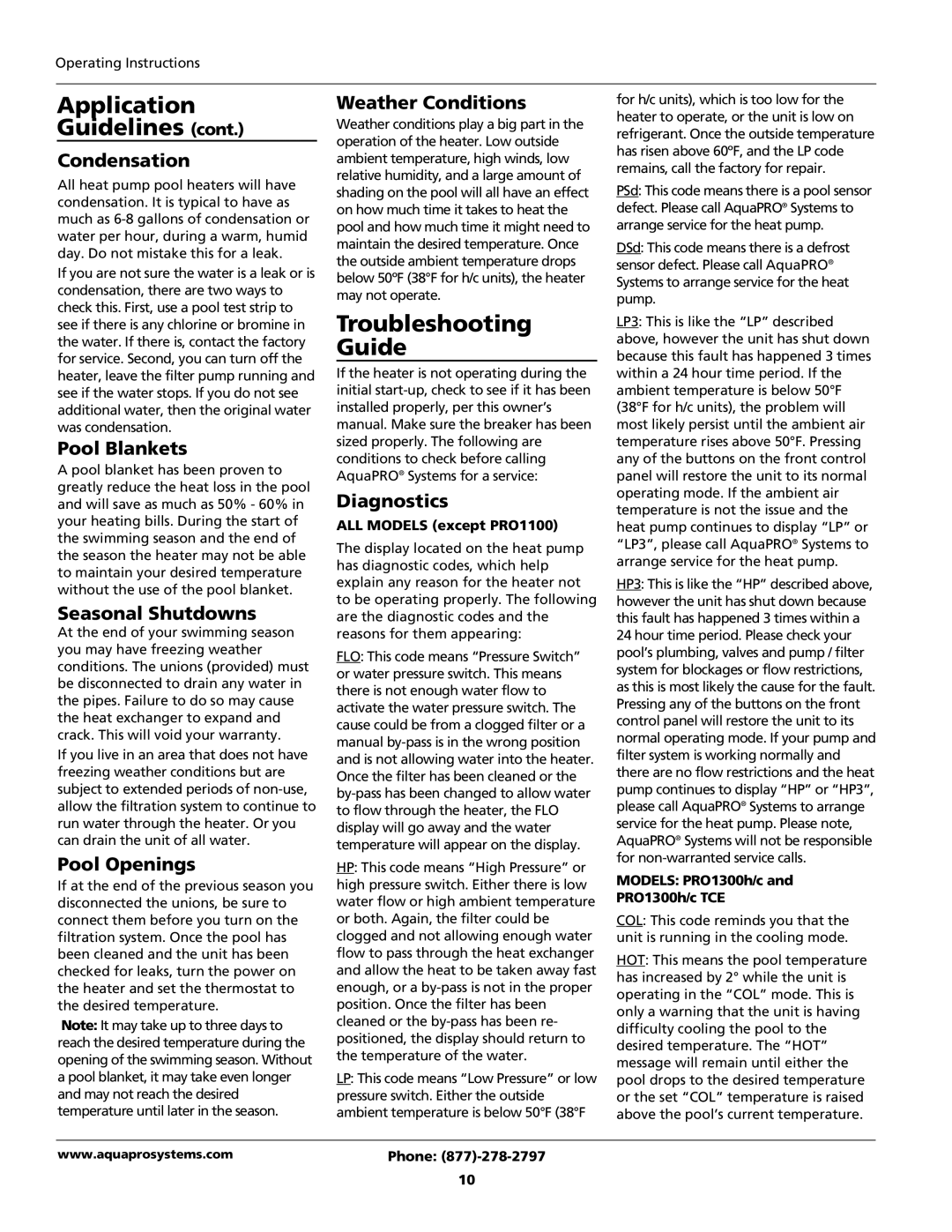 AquaPRO PRO1300 TCE, PRO1300h/c TCE, PRO1100e TCE owner manual Application Guidelines, Troubleshooting Guide 