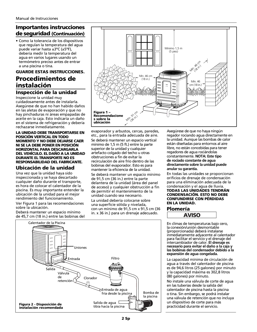 AquaPRO PRO1100e TCE, PRO1300h/c Procedimientos de instalación, Inspección de la unidad, Ubicación de la unidad, Plomería 