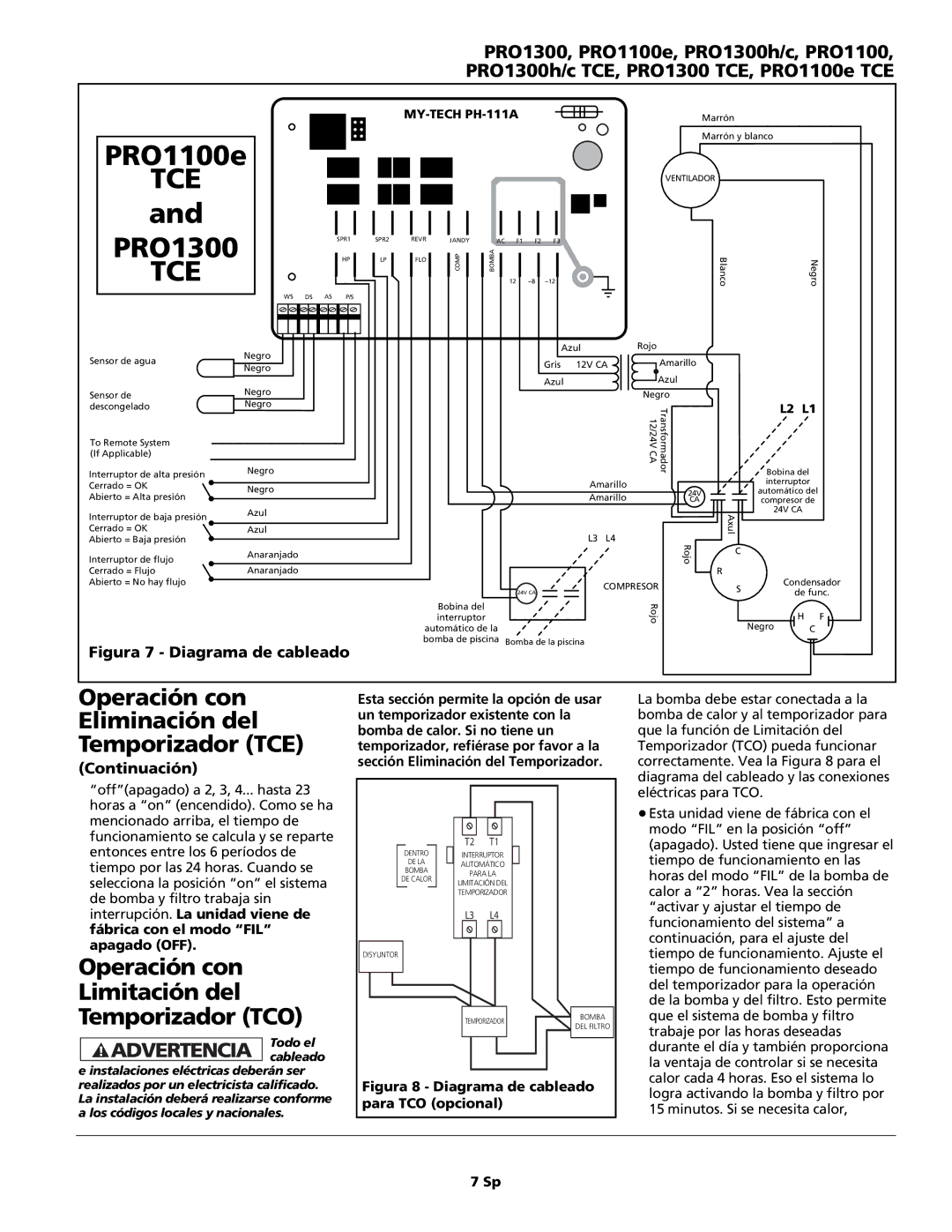 AquaPRO PRO1300h/c TCE, PRO1100e TCE, PRO1300 TCE Operación con Limitación del Temporizador TCO, Para TCO opcional 