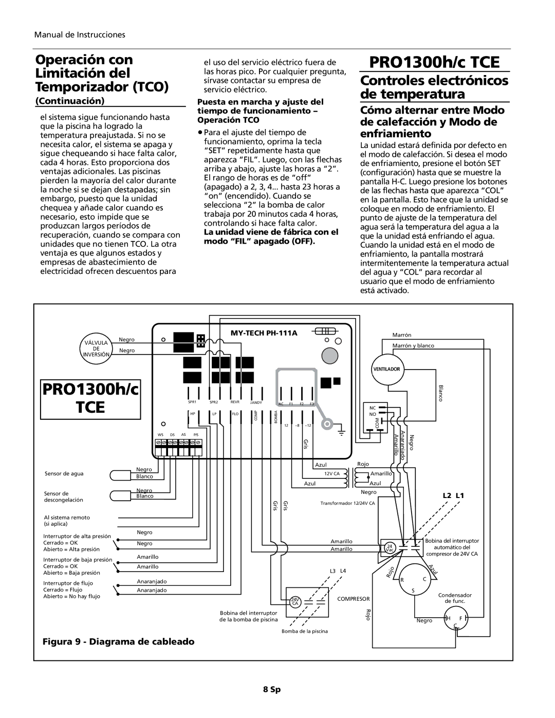 AquaPRO PRO1300h/c TCE, PRO1100e TCE Figura 9 Diagrama de cableado, La unidad viene de fábrica con el modo FIL apagado OFF 