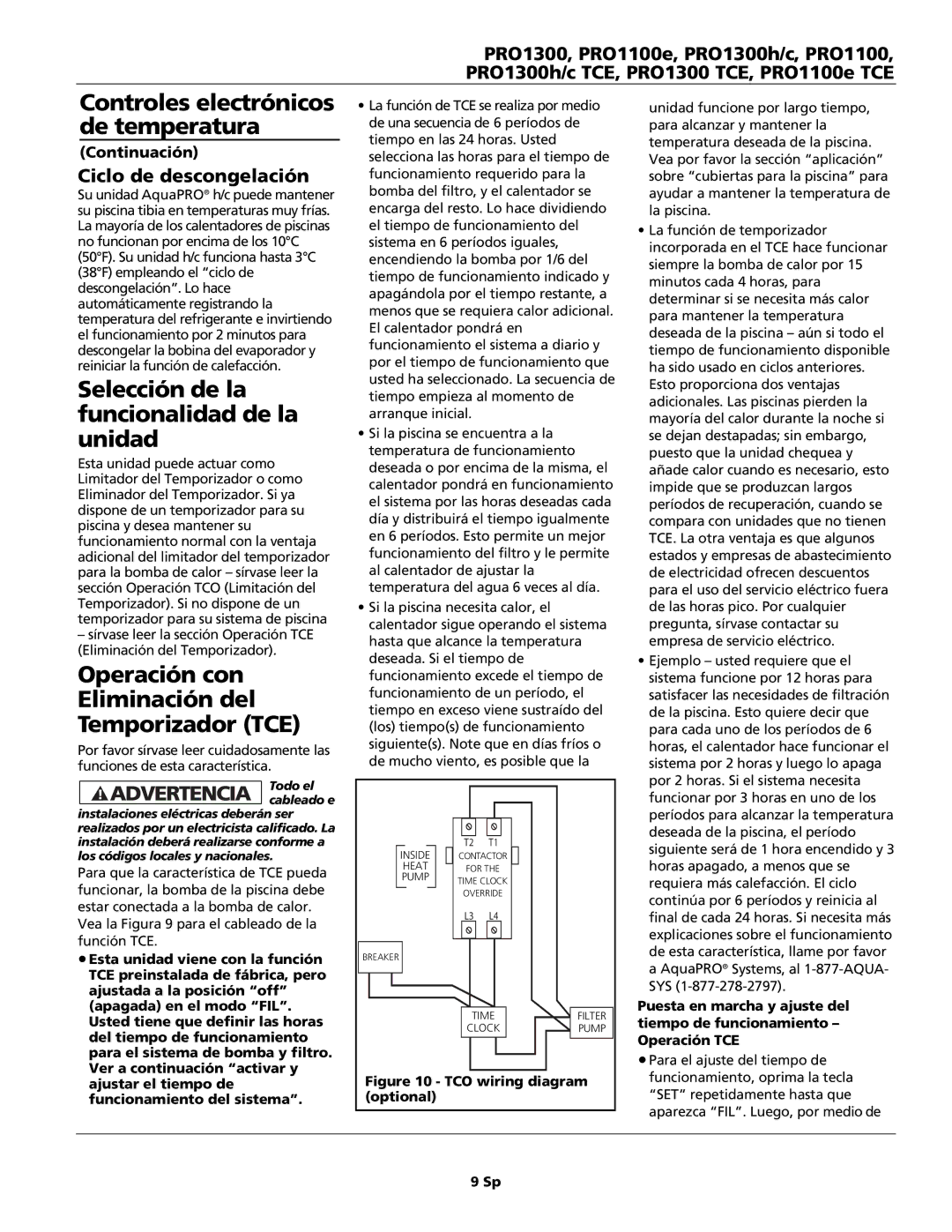 AquaPRO PRO1100e TCE, PRO1300h/c TCE, PRO1300 TCE owner manual Vea la Figura 9 para el cableado de la función TCE 