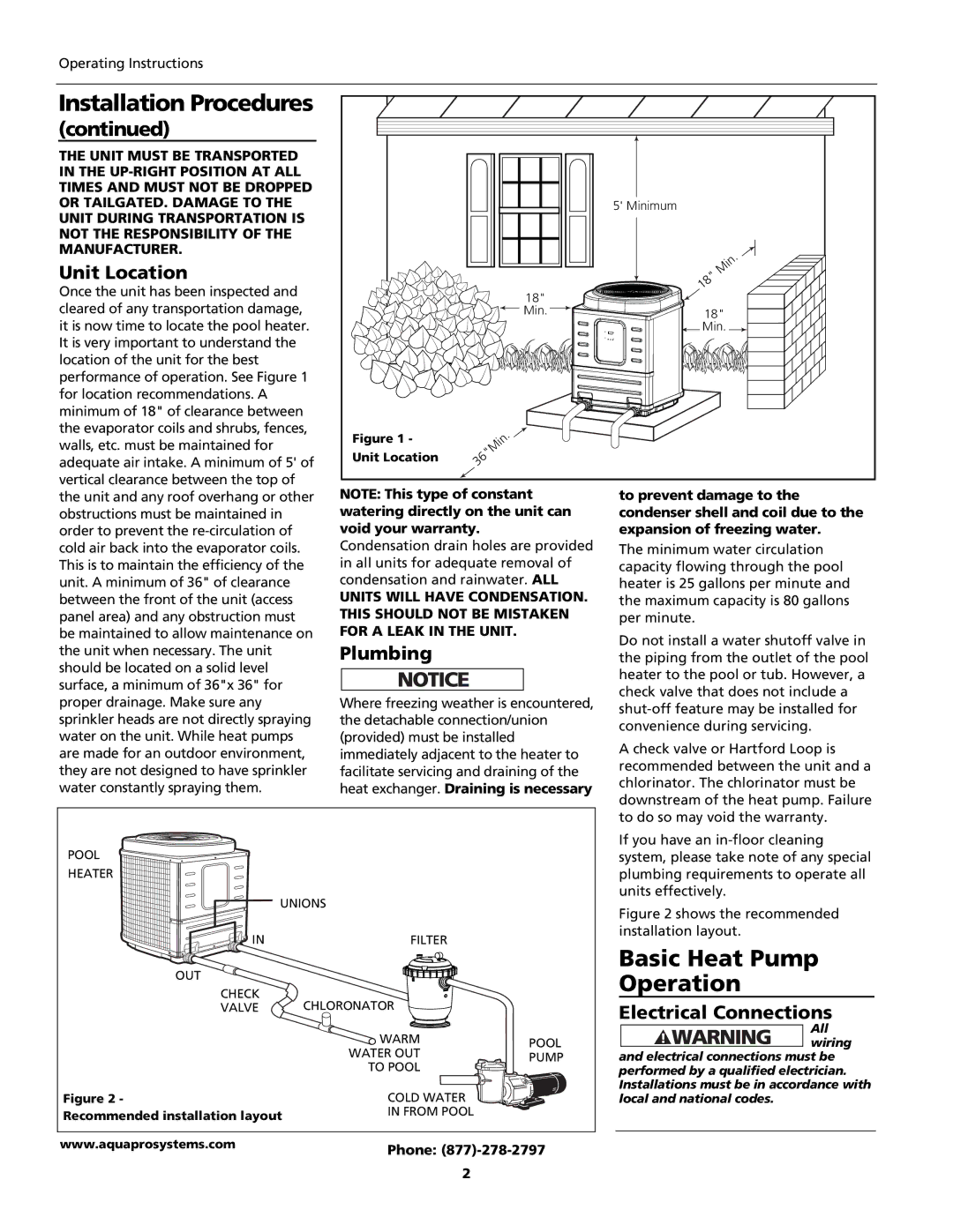 AquaPRO PRO1300h/c TCE, PRO1100e TCE Basic Heat Pump, Operation, Unit Location, Plumbing, Electrical Connections 