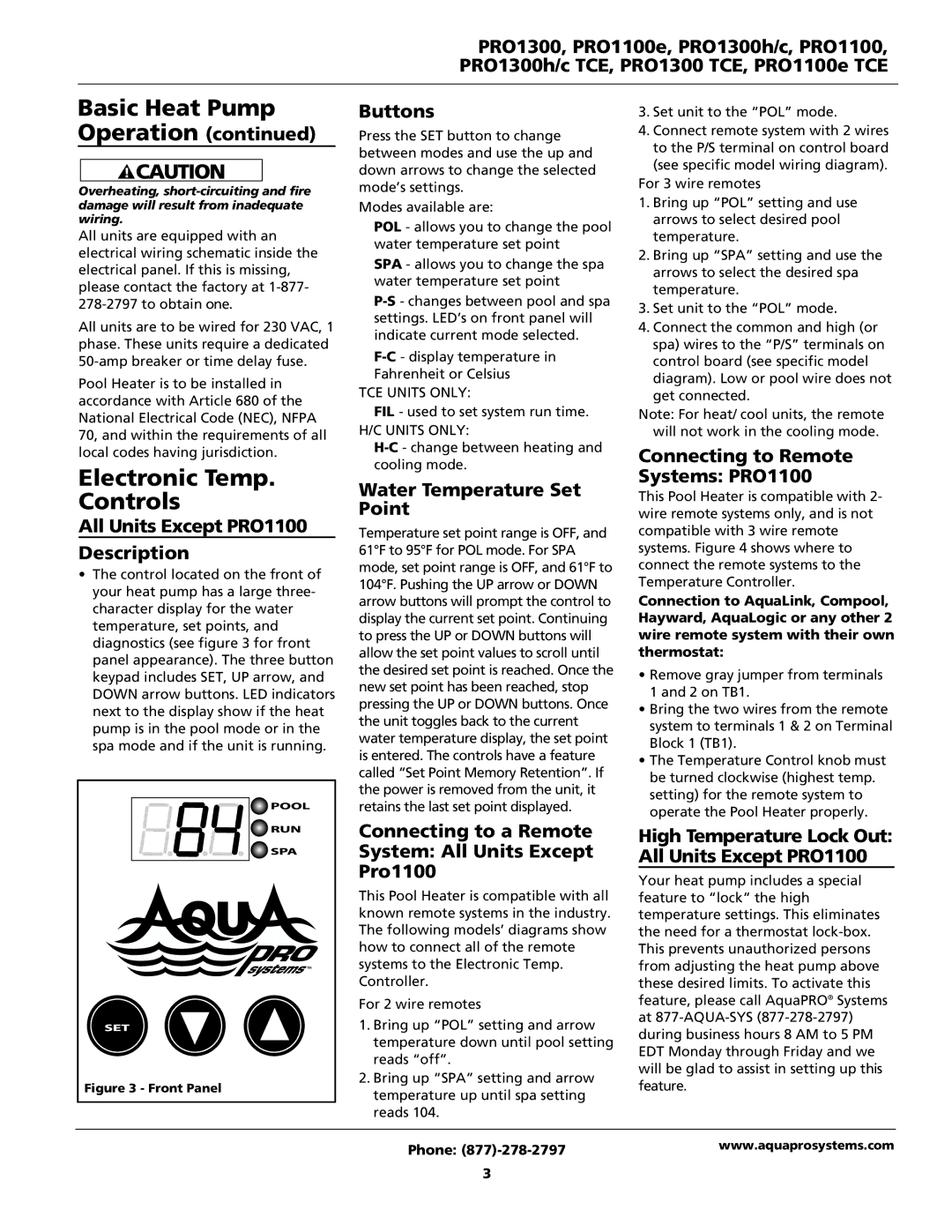 AquaPRO PRO1300 TCE, PRO1300h/c TCE, PRO1100e TCE owner manual Electronic Temp. Controls 