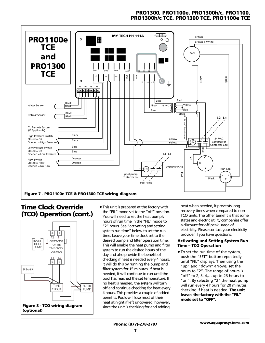 AquaPRO PRO1300h/c PRO1100e TCE & PRO1300 TCE wiring diagram, Activating and Setting System Run Time TCO Operation 