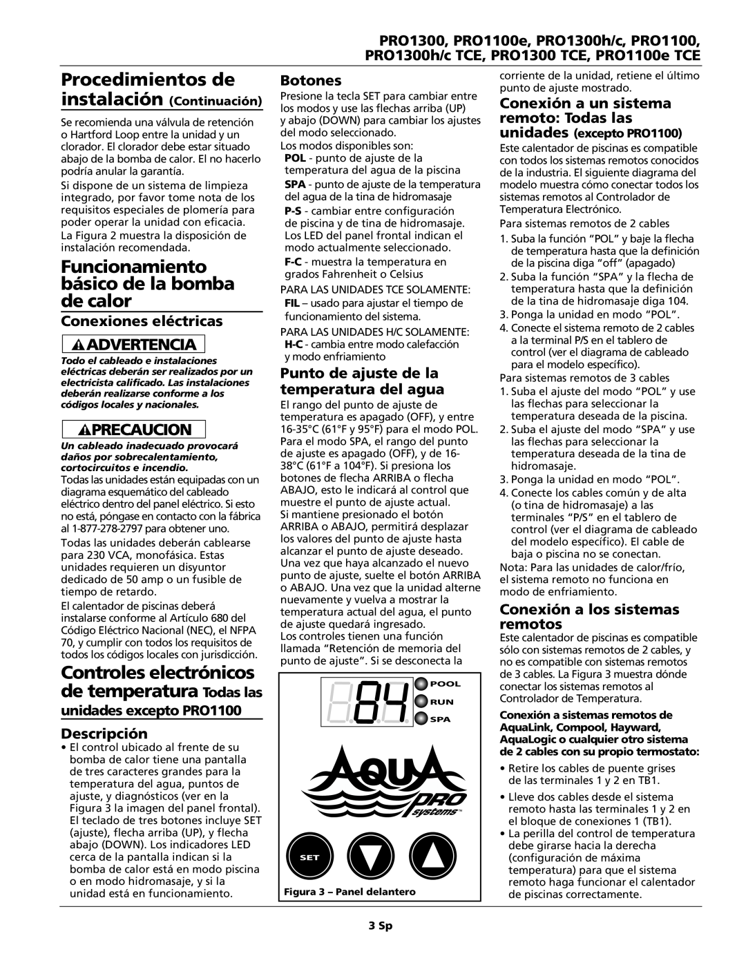 AquaPRO PRO1100 Procedimientos de, Funcionamiento básico de la bomba de calor, Conexiones eléctricas, Descripción, Botones 