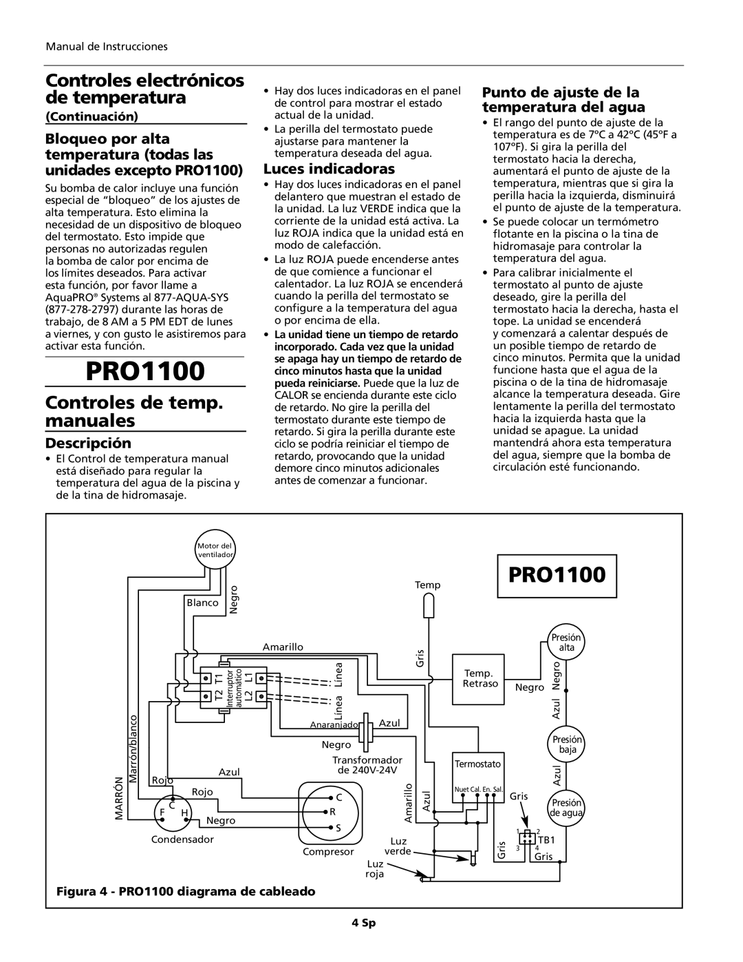 AquaPRO PRO1300 Controles electrónicos de temperatura, Controles de temp. manuales, Luces indicadoras, Continuación, 4 Sp 
