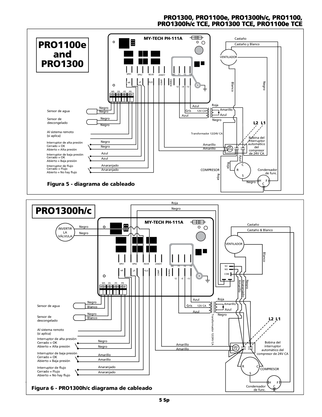AquaPRO PRO1300 TCE Figura 5 - diagrama de cableado, Figura 6 - PRO1300h/c diagrama de cableado, PRO1100e, 5 Sp, L2 L1 