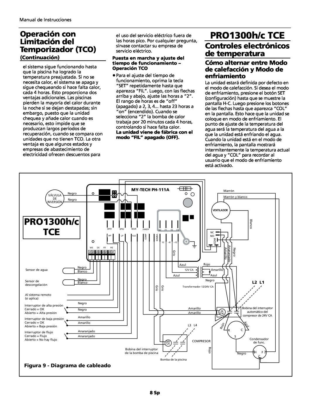 AquaPRO PRO1300h/c TCE Figura 9 - Diagrama de cableado, Operación con Limitación del Temporizador TCO, Continuación, 8 Sp 