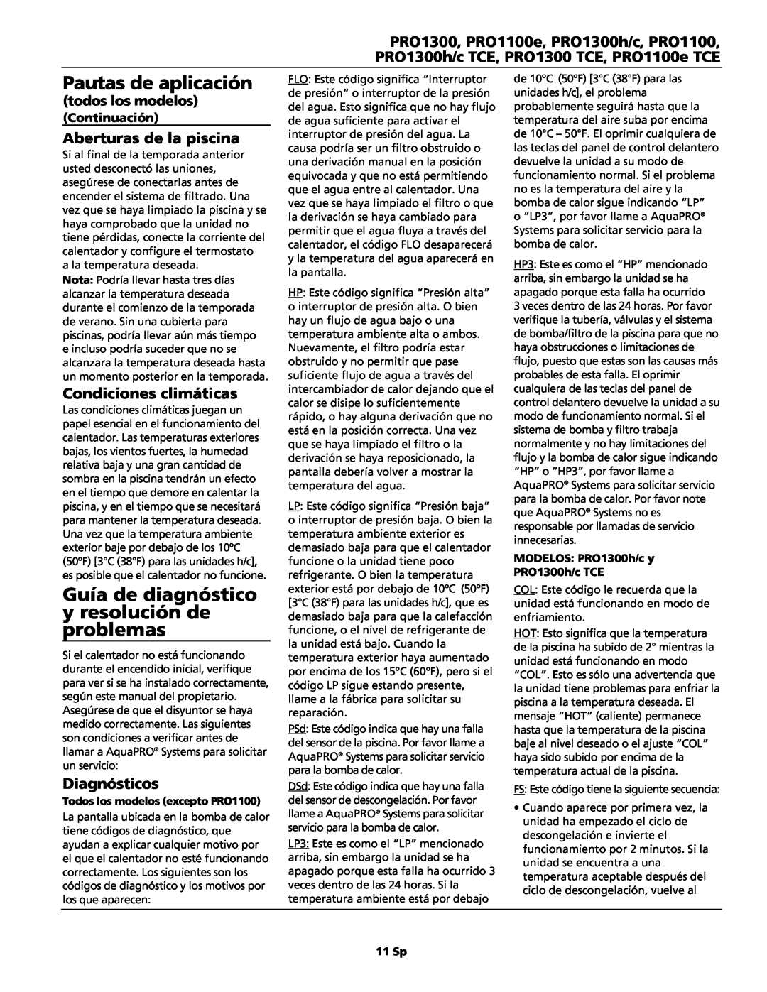 AquaPRO PRO1300 Guía de diagnóstico y resolución de problemas, Aberturas de la piscina, Condiciones climáticas, 11 Sp 