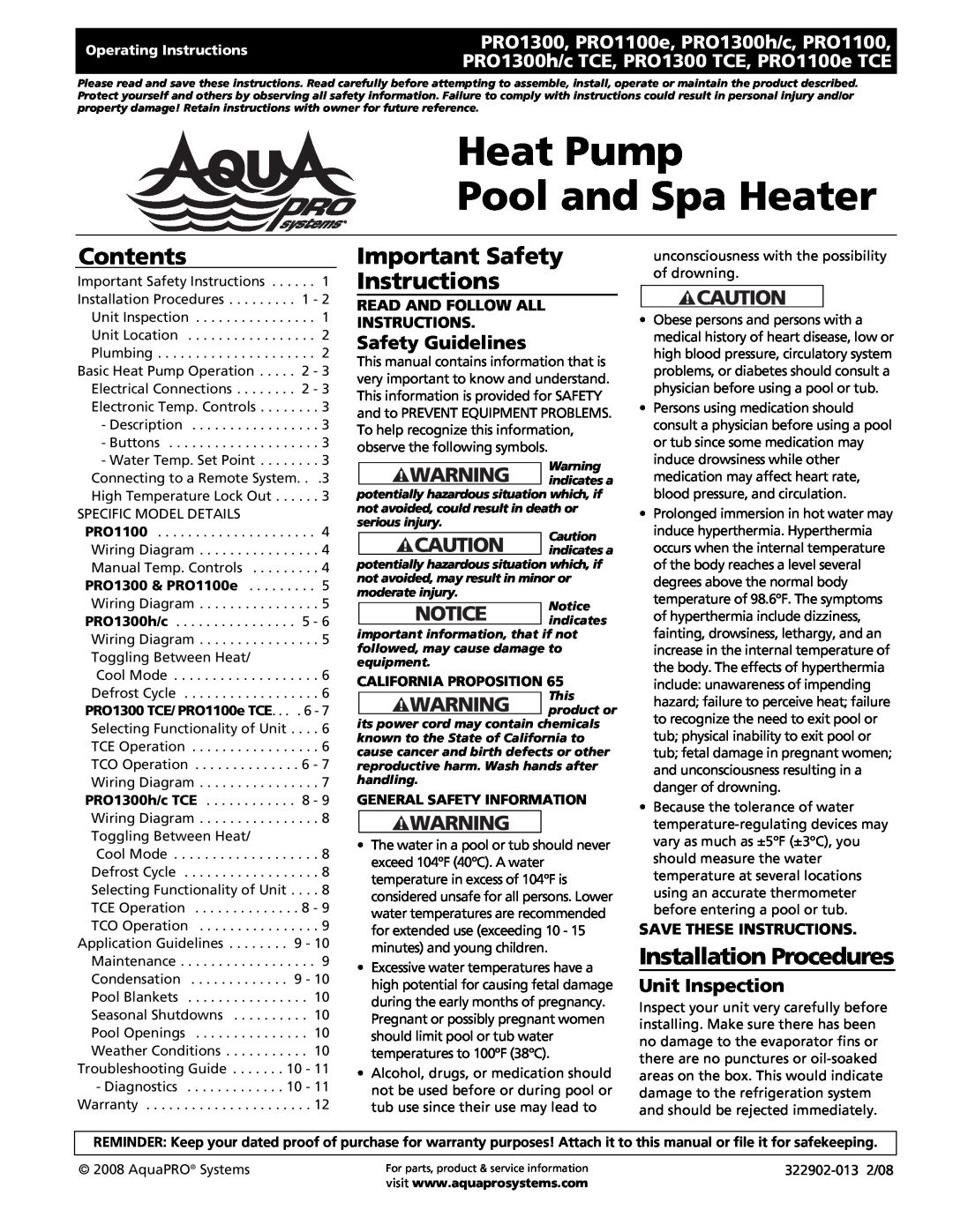 AquaPRO PRO1100, PRO1300 Heat Pump Pool and Spa Heater, Contents, Important Safety Instructions, Installation Procedures 