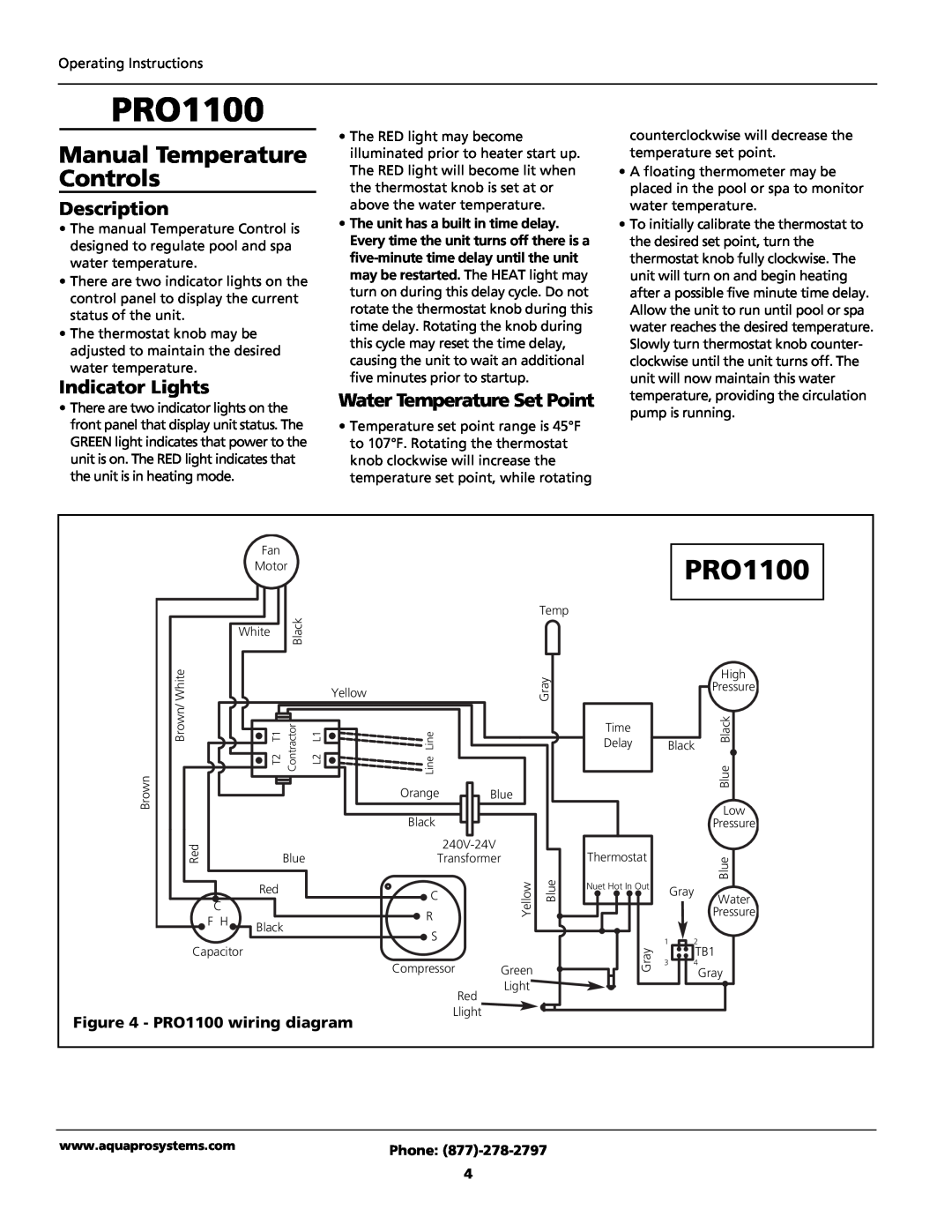 AquaPRO PRO1100e, PRO1300h/c Manual Temperature Controls, Description, Indicator Lights, PRO1100 wiring diagram, Phone 