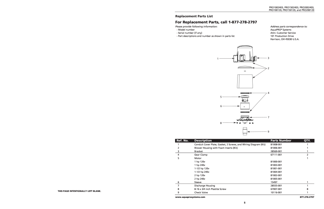 AquaPRO PRO100120, PRO2002403 For Replacement Parts, call, Replacement Parts List, Ref. No, Description, Parts Number 